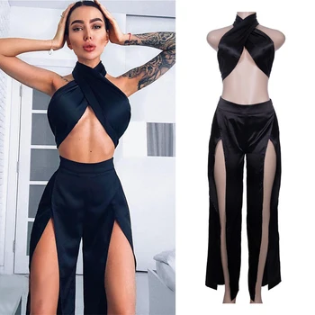 

Nightclub Bar Dj Female Singer Black Sexy Split Wide Leg Pants Two Pieces Set Ds Stage Performance Jazz Dance Costumes DL4360