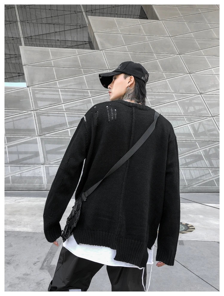 personality dark style hollow sweater men casual irregular split hole mens sweaters harajuku pullover men hip hop loose jumper