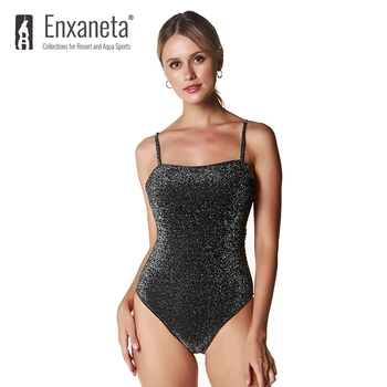 

ENXANETA One Piece Swimwear Women High Waist Black Sexy Shiny Glitter Sparkling Lace up Swimsuit Push up Bather Swim Wear 2020