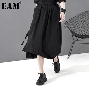 

[EAM] High Elastic Waist Black Button Split Joint Asymmetrical Half-body Skirt Women Fashion Tide New Spring Autumn 2020 1S791