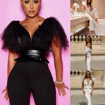 

2019 White Black Rompers Women Jumpsuit Fashion Casual Clothes V Neck Solid Color Mesh Bow-Knot Jumpsuits Party Playsuits #C11