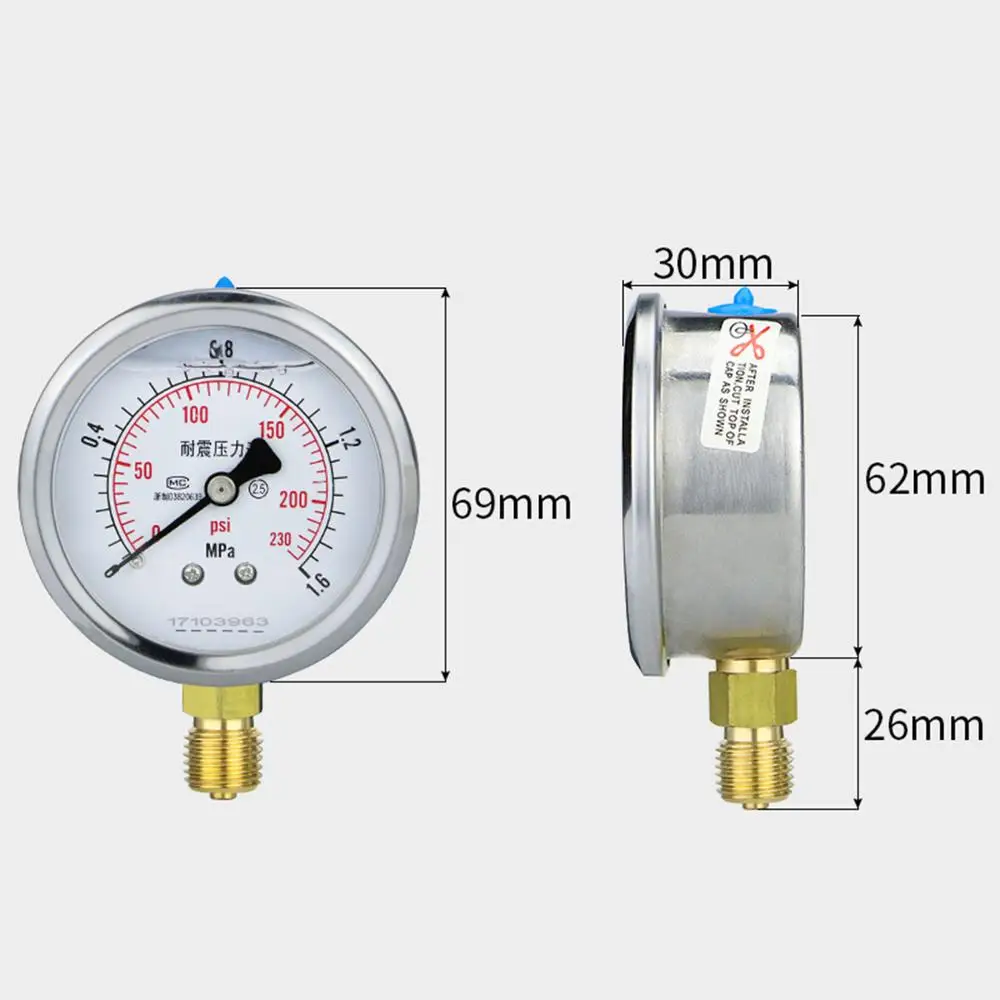 FANDE Air Compressor Pressure Gauge  Liquid Filled Manometer 60mm 60MPa M14*1.5 Radial Stainless Steel