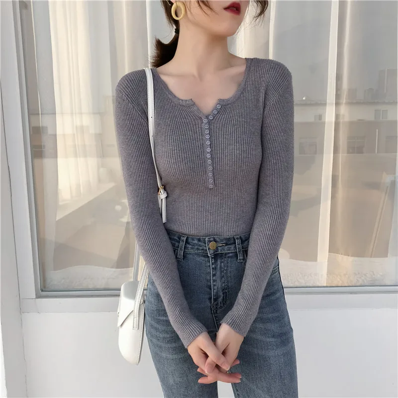 

Autumn Winter Slim V-neck button Knitted Sweaters Women 2019 Casual Basic Solid Pullovers Ladies Korean Style stretch Jumpers