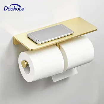 

Solid Brass Double Head Toilet Paper Holder Wall Mounted, Paper Roll Holders with Phone Storage Shelf Brushed Golden