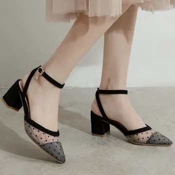 

AGODOR Women Pointed Toe Slingback Pumps Mesh Polka Dot Mid Block Heel Pumps All Match Spring.autumn Ladies Pumps Size 34-43