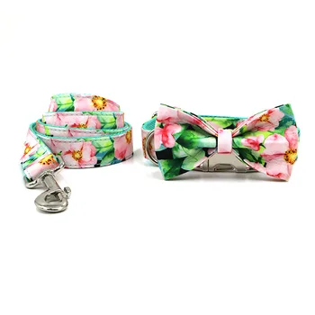 

Personalized Floral Dog Collar and Leash Set Custom Small Medium Large Dog Pet ID Collar Lead Flower Print Dog Engraved Collars