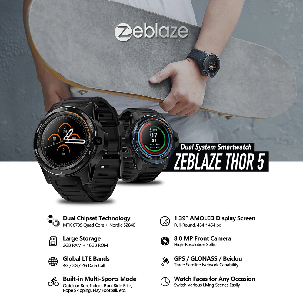 Смарт-часы Zeblaze THOR 5 с двойной системой, 4G, Wi-Fi, Android IOS, 1,39 дюймов, экран AOMLED, 454*454p x 2 ГБ+ 16 ГБ, МП, фронтальная камера, Смарт-часы