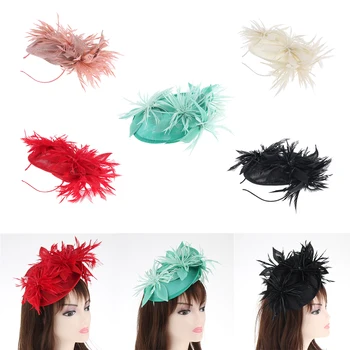 

Ladies Elegant Sinamay Flower Feather Headband Barrette Fascinator Linen Hat Headpiece