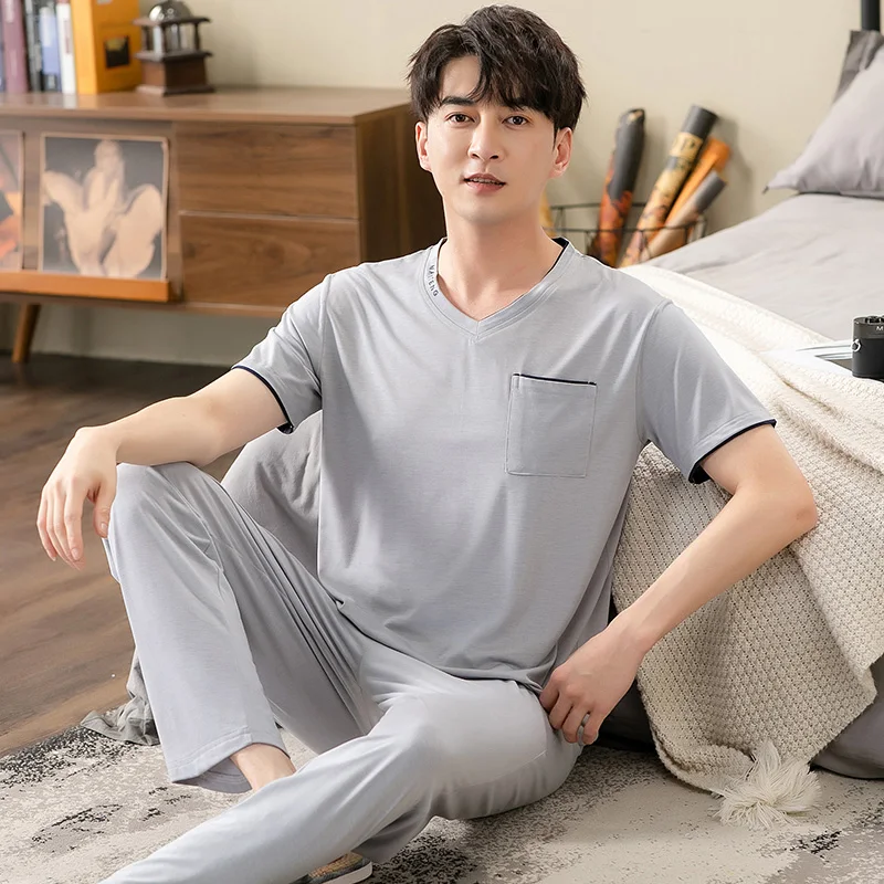 Men's Modal Cotton Pajamas Set Summer Short-Sleeve Tops + Long Pants Nightwear Home Wear Suits Simple Fashion Sleepwear For Men pajamas set man pajamas set