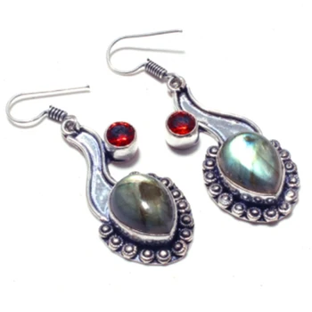 

Labradorite + Garnet Silver Overlay on Copper Earrings, 55 mm, E4707