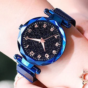 D Blue Роскошные женские часы со звездным небом, браслет из розового золота, магнитный сетчатый ремешок, стразы, кварцевые наручные часы, женские часы с бриллиантами - Цвет: D Blue