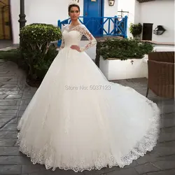 Бальное свадебное платье с круглым вырезом с длинными рукавами, пуговицами Тюль с кружевами аппликацией Vestido De Noiva Chapel Train