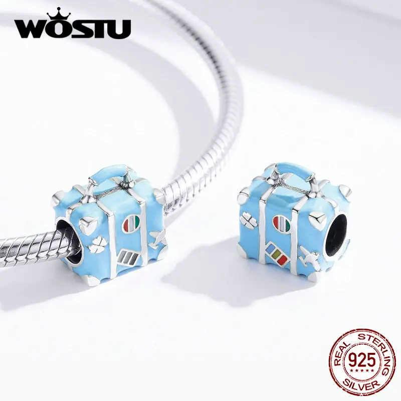 WOSTU Новая мода 925 пробы серебристый чемодан синие Бусины Подходят браслет Шарм Подвеска ювелирных изделий CQC1377