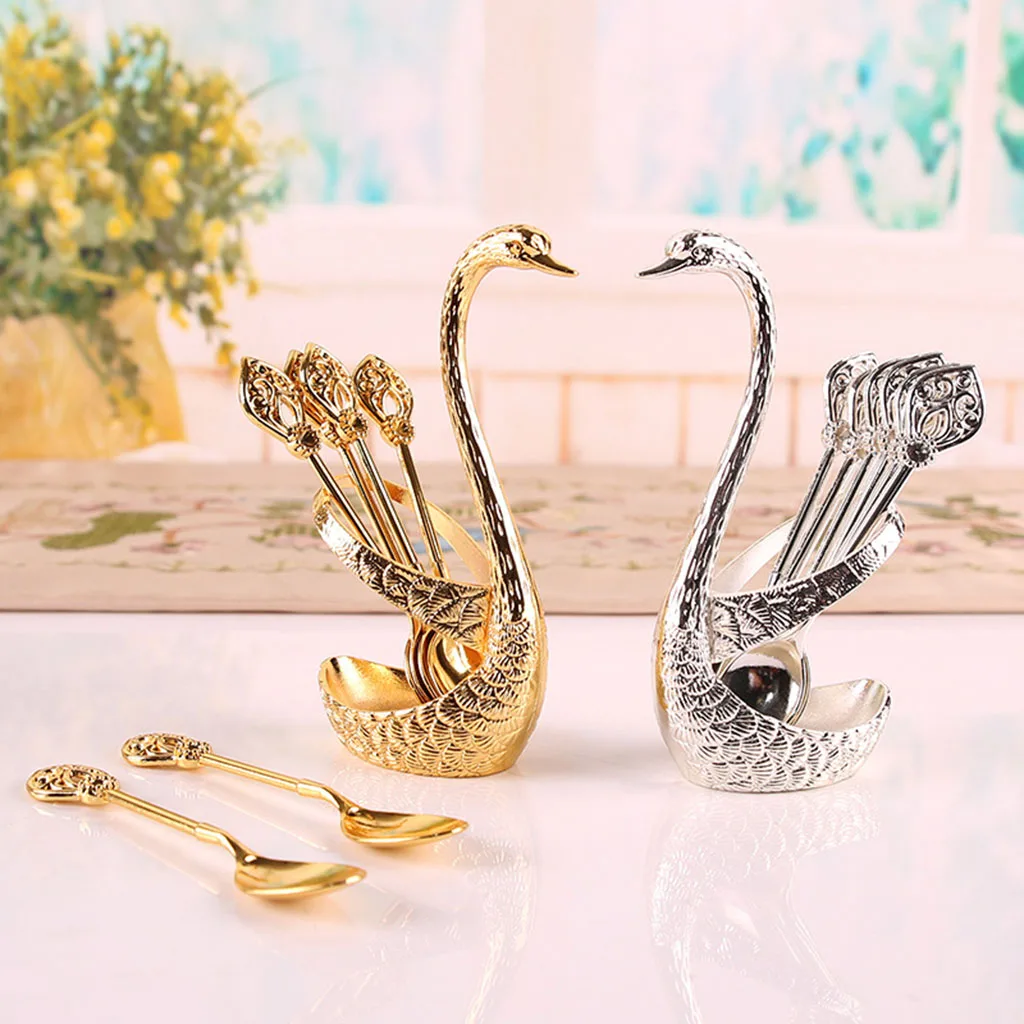 Stainless Steel Creative Dinnerware Set Decorative Swan Base Holder with 6 Spoons for Coffee Fruit Dessert Stirring Mixing cutlery set,western style cutlery set,picnic cutlery set,stainless steel cutlery set