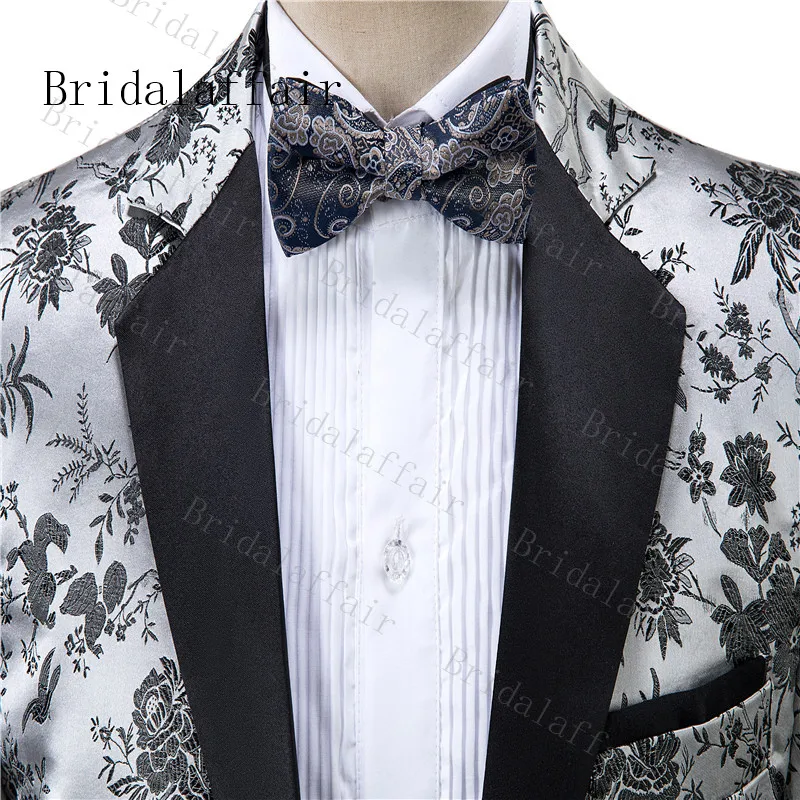 Костюм Bridalaffair Homme, серебристо-серый Magie and flower, мужские костюмы Terno Masculino, смокинг для выпускного, вечерние костюмы с цветочным рисунком, 3 предмета