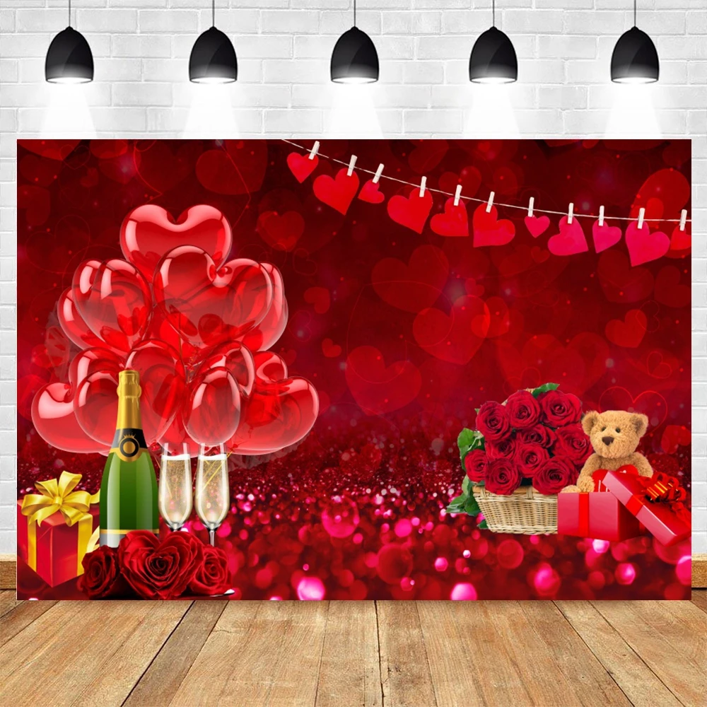 

Happy Valentine's Day Baby Photography Background Party Decor February 14 Red Glitter Rose Bear Photocall Backdrop Studio Shoot