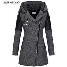 Lugentolo, Женское шерстяное пальто, осень и зима, модное, длинное, с капюшоном, свободное, на молнии, шерстяное, ветровка, толстое пальто