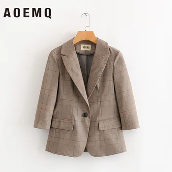 

AOEMQ Fashion Jacket Unisex Bussiness Suits for Office Lady Night Party Factory Trip Wear Caramel Plaid Print Coats Outwear