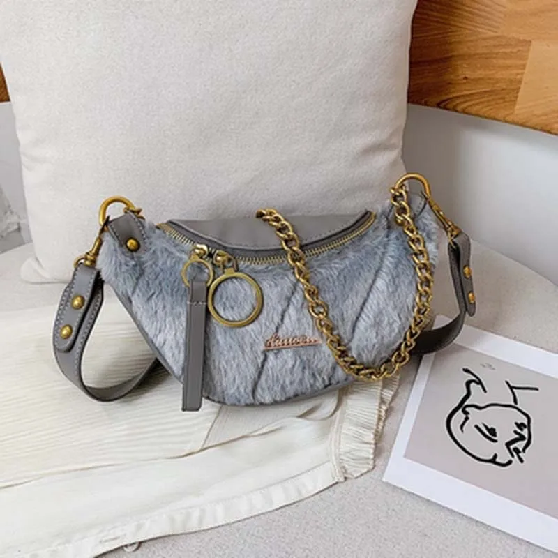 Gray Waist pack Женская поясная сумка на плечо с цепочкой, плюшевая Наплечная женская сумка, роскошная брендовая поясная сумка, Кожаная поясная сумка Walle - Цвет: Gray Waist pack