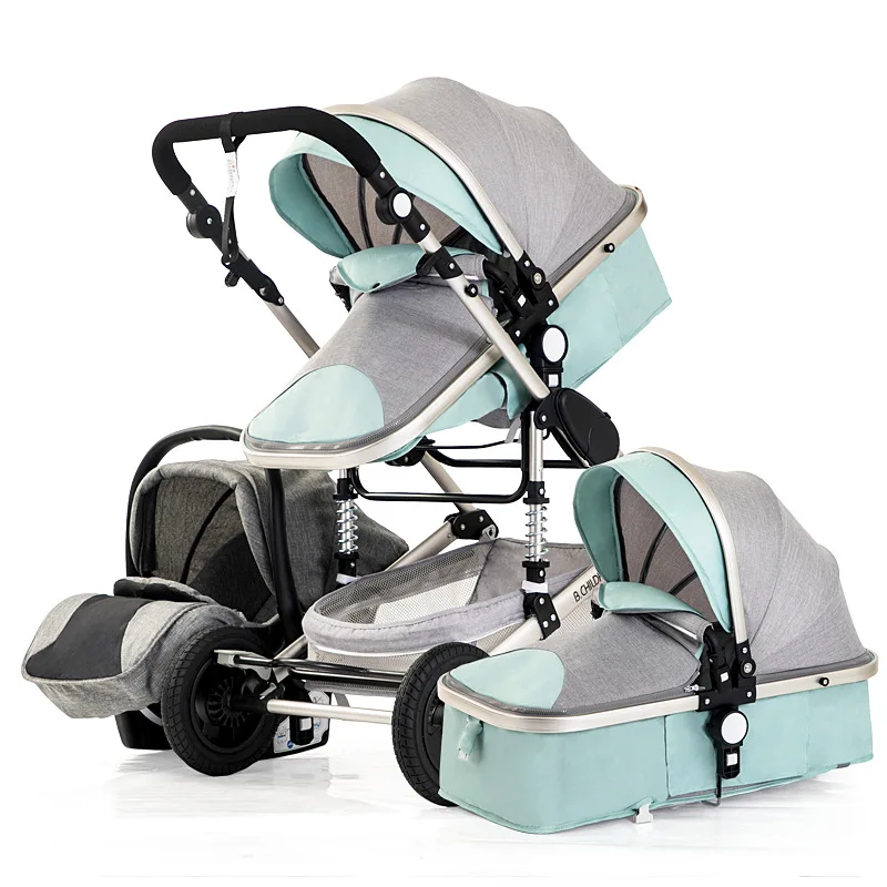 Детская коляска, 3 в 1, высокий пейзаж, четыре колеса, многофункциональная, двусторонняя, портативная, для новорожденных, коляска, защита от холода, зимой, для детей, автомобиль - Цвет: Green