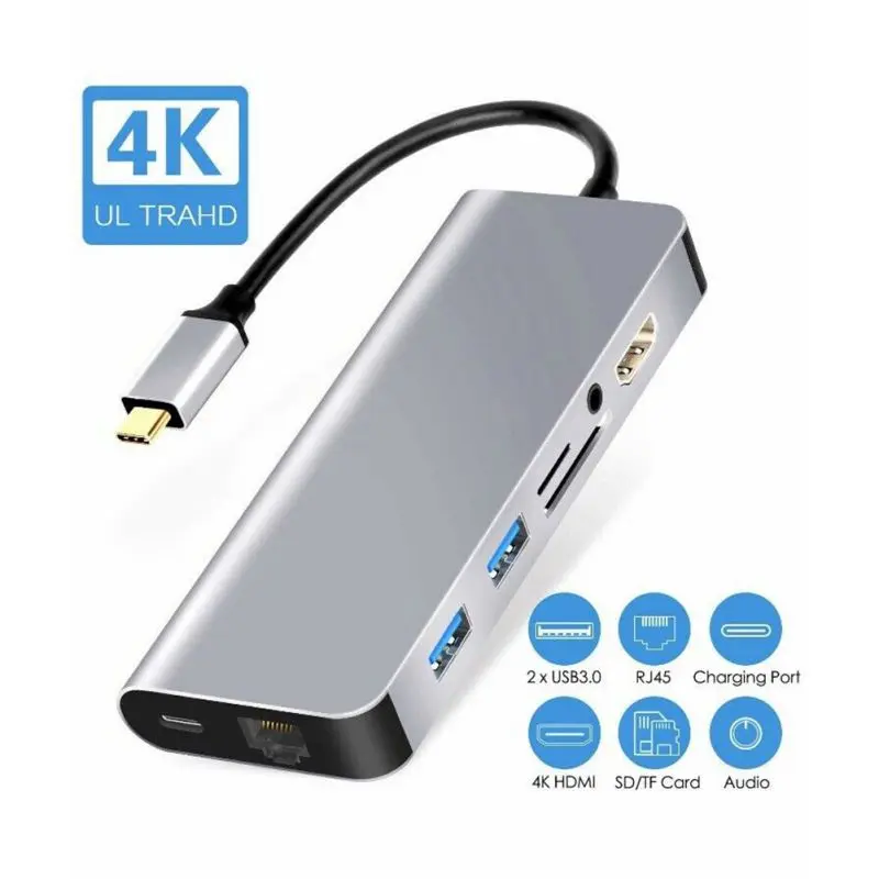 

8-in-1 Adapter Multifunctional USB-C HDMI Type-C USB3.0 4K VGA RJ45 Dock Hub Card Reader Laptop Phone Hard Drives