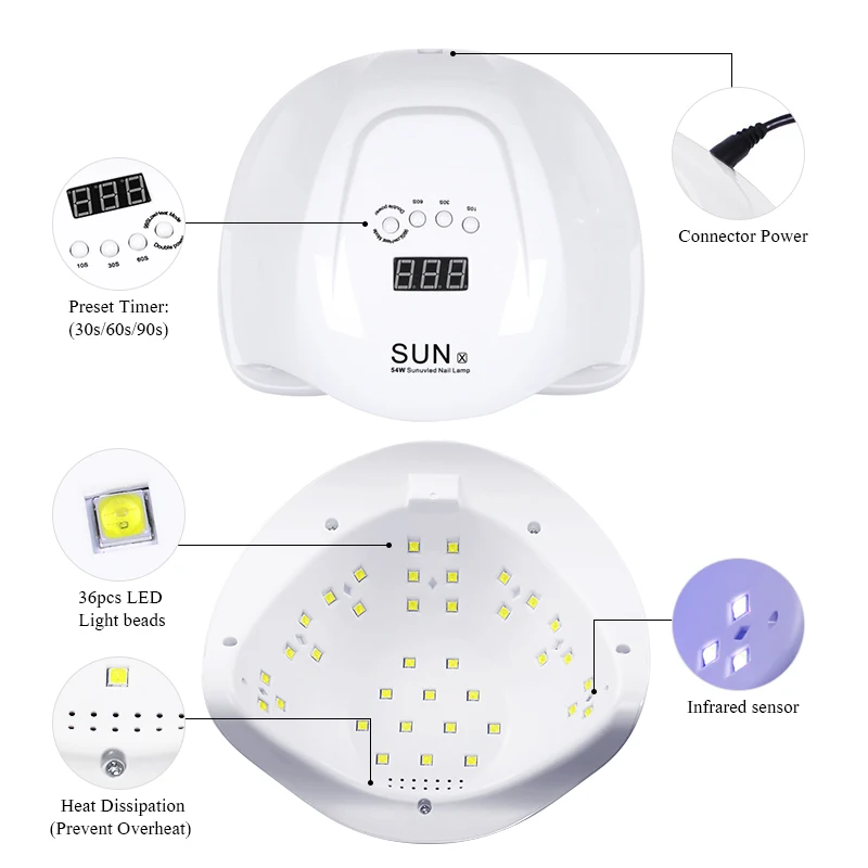 54 Вт УФ-лампа для ногтей 15s быстрая сушка для сушки всех гель-лаков для ногтей 36 шт. светодиодная сушилка для ЖК-ногтей инструменты для маникюра