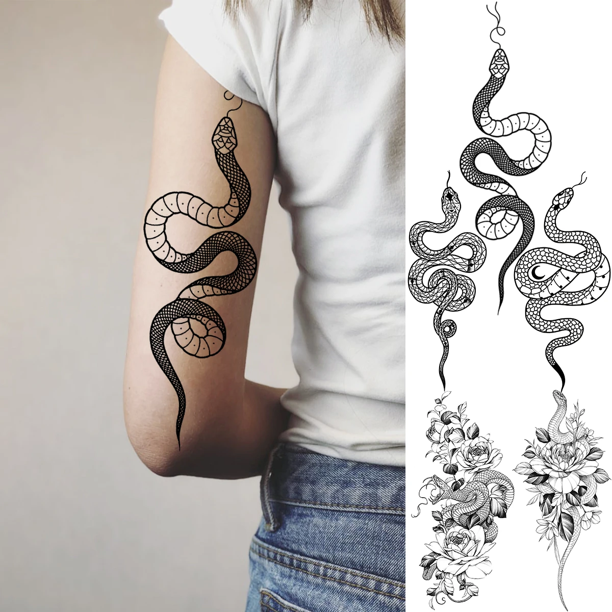 3d Realistic Snake Arm Temporary Tattoos For Women Adult Men Peony Serpent Fake Tattoo Body Art Painting Waterproof Tatoos Paper Temporary Tattoos Aliexpress