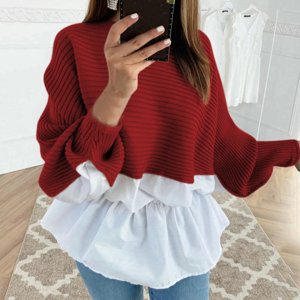 Модные гофрированные вязаный джемпер Для женщин свитер в стиле пэчворк Свободная рубашка для будущих мам Повседневное с длинным рукавом пуловеры, блузы