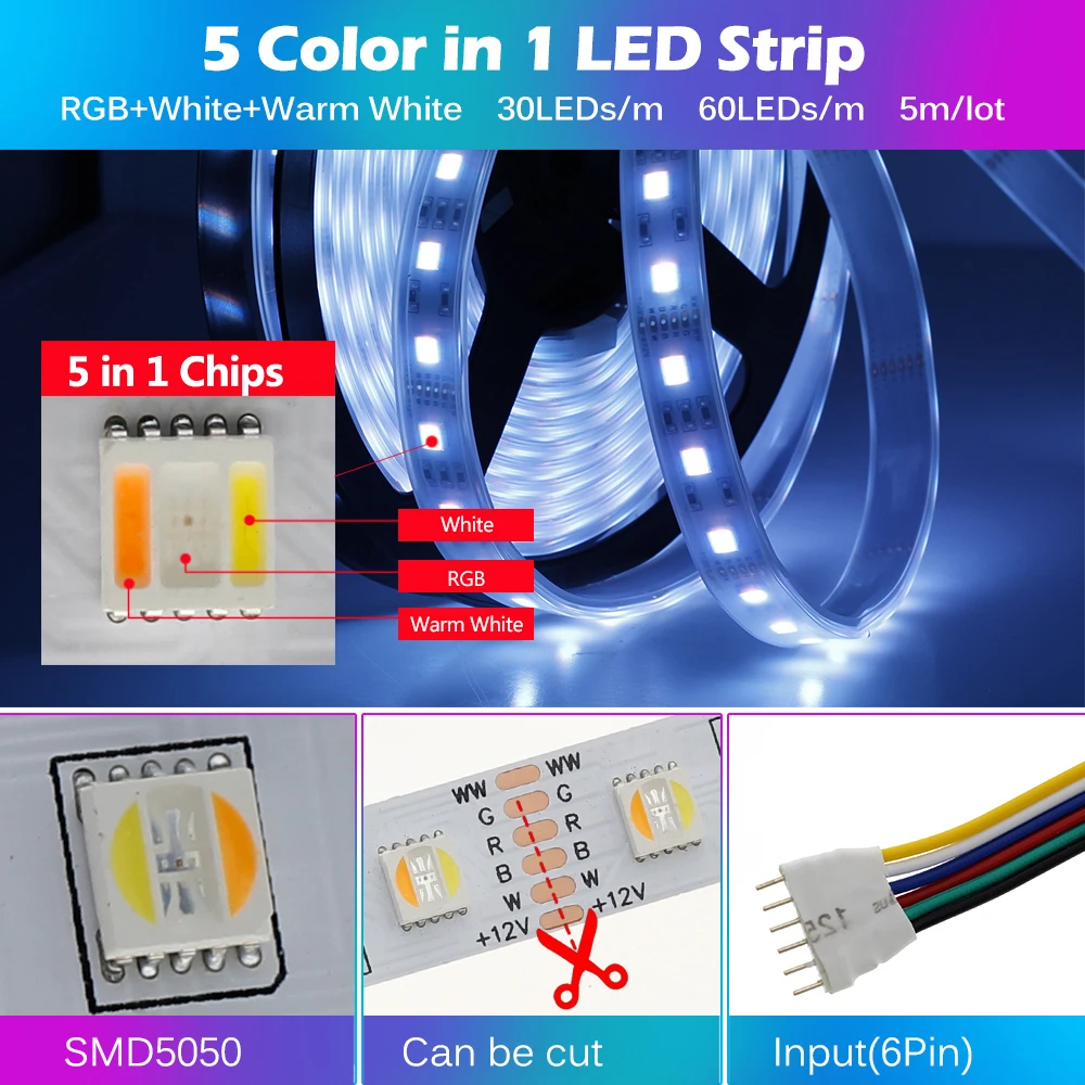 4/5 цветов в 1 Светодиодные ленты 5050 DC12V 24V светильник RGBW/RGBWW 60 светодиодов/м 5 м/лот