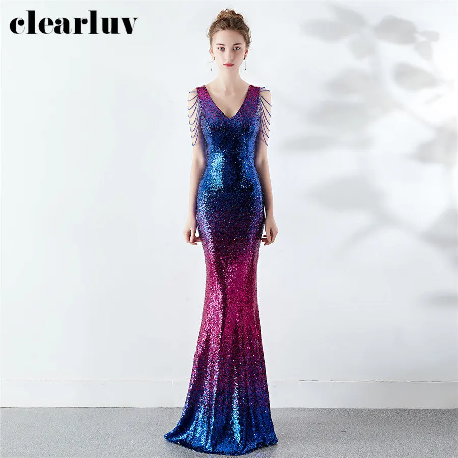 

Evening Dresses Sequins Gradient Color Women Party Dresses DX297 New Plus Size Robe De Soiree 2020 Sexy Deep V-Neck Formal Gowns