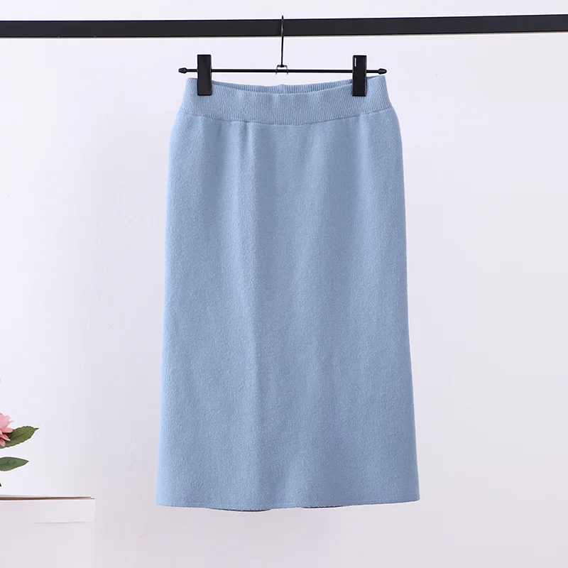 60-90CM Elastic Band Women Skirts Autumn Winter Warm Knitted Straight Skirt Ribbed Ribbed Mid-Long Skirt Black - Цвет: D