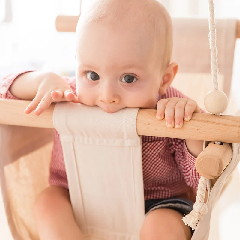 1Set Baby Swing Chair Wood Linen Hanging Chair Children Small Outside Indoor Swing Chairs Blue Kids Furniture Handmade Install