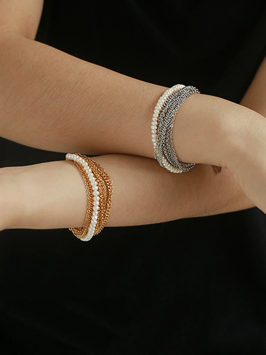 

Браслет-цепочка женский многослойный, с натуральным жемчугом