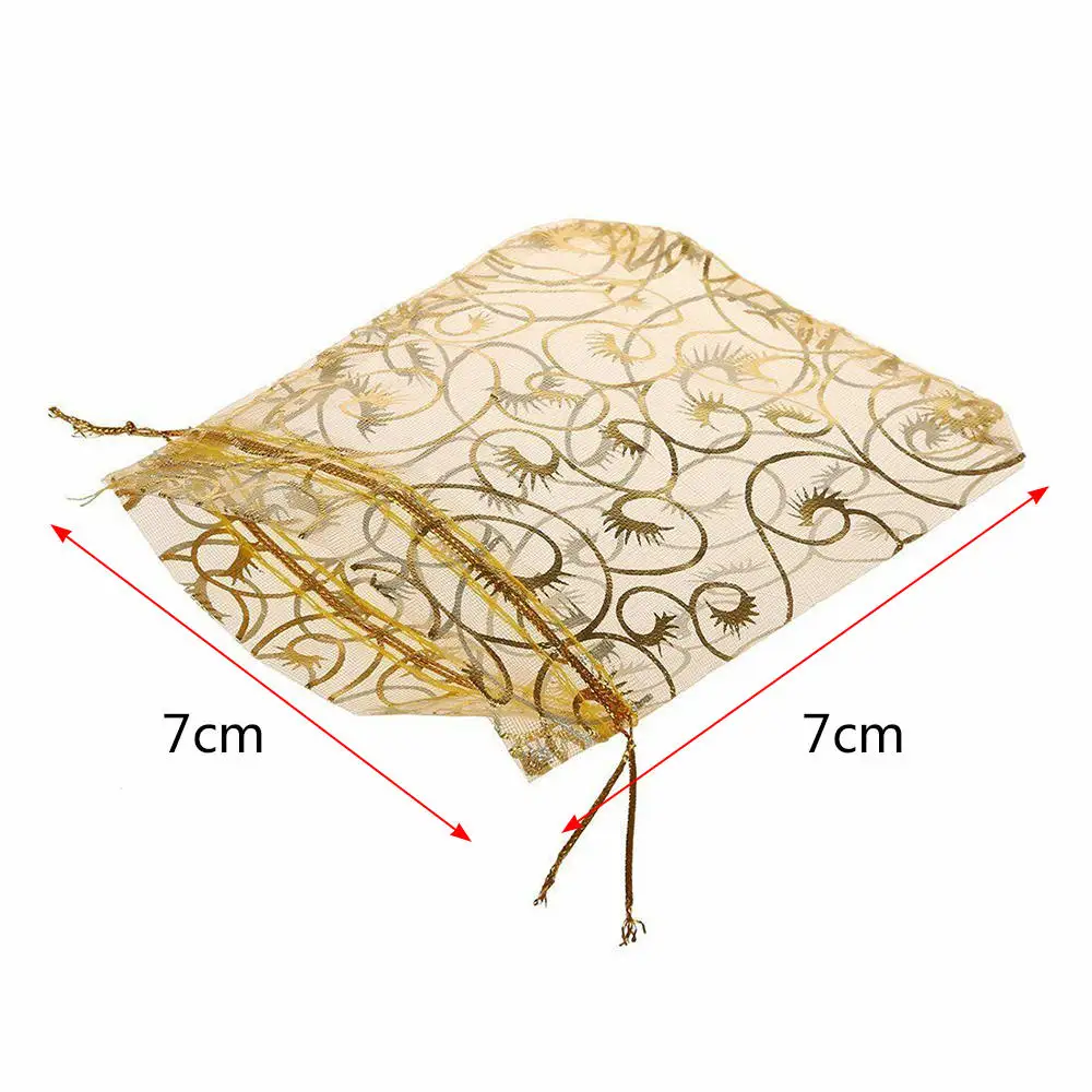 100pcs 9*12 Champagne Hot Stamping Eyelash Organza Drawstring Pouches Candy Gift Bags Party Decor