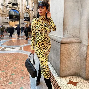

Bonnie Forest Wild Leopard Print Bodycon Party Dress Women Long Sleeve Cheetah Print Midi Dress Yellow Dress Retro Vestido Mujer