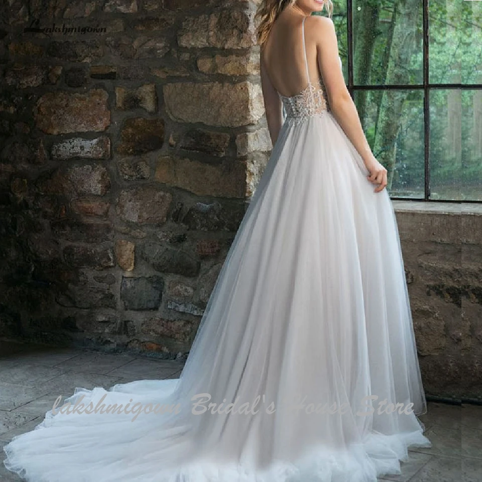 Lakshmigown белое Бохо свадебное платье Спагетти ремни Vestidos de Novia плиссированные сексуальные свадебные белые свадебные платья из фатина пляжные