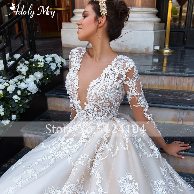 Adoly Mey Luxury Appliques Long Sleeve Beaded A-Line Wedding Dress 2022 Romantic Scoop Neck buttons Vintage Bride Gown Plus Size affordable wedding dresses