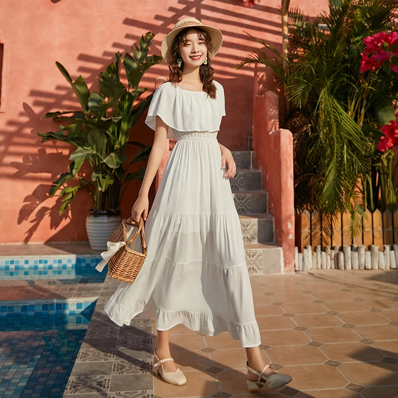 

3 Colors Women Beach Long Dress Fashion Girl Red Sexy A-line Backless Frill Boho White Loose Club Party Elegant Dresses Vestidos