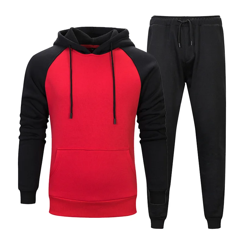

Teenager Campus Contrast Color Hoodie Two-Piece Set Fashion Contrast Color Hoodie Solid Color Waist Trousers Men's