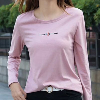 Pink Осенние корейские женские футболки с буквенным принтом Tmbroidery, женская футболка свободного размера плюс, Женские топы из хлопка с длинным рукавом, женская футболка - Цвет: Pink