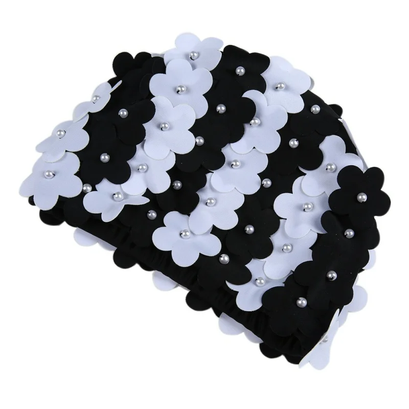 Women Swim Pool Beach Swimming Cap Attractive Hat Free Size For Women Petals Bathing Cap multi-color - Color: BW