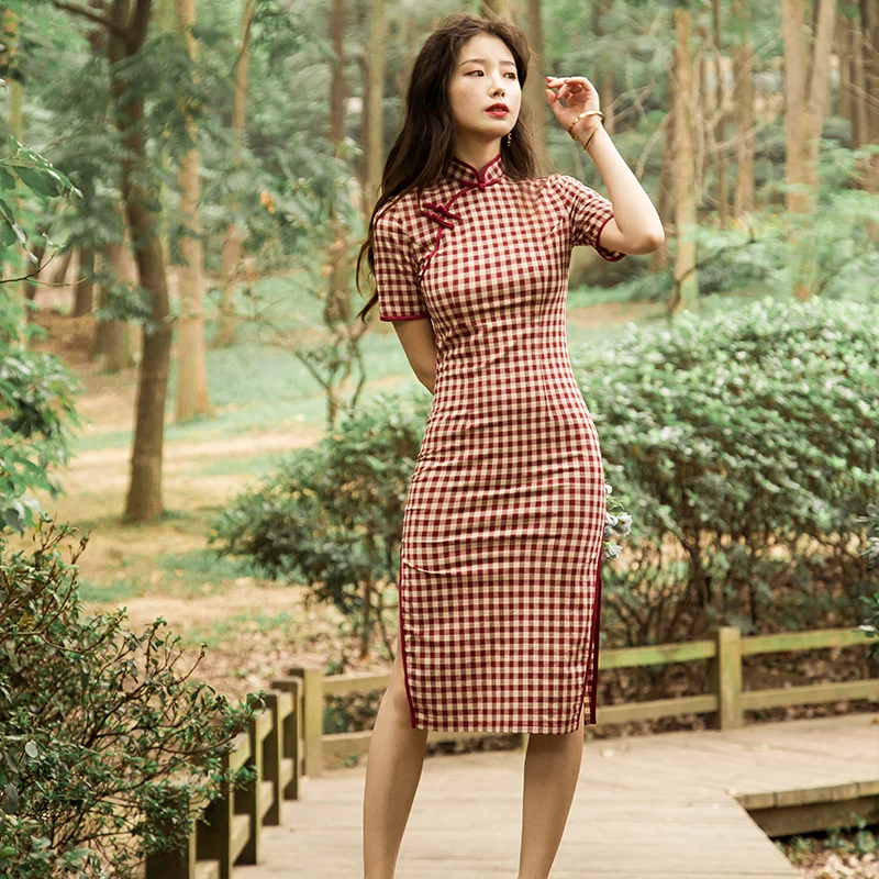 

Women Summer Fashion Dresses Chinese Cheongsam Short Sleeve Qipao Princess Dress Formal Plaid Chinese Vintage Style Dress