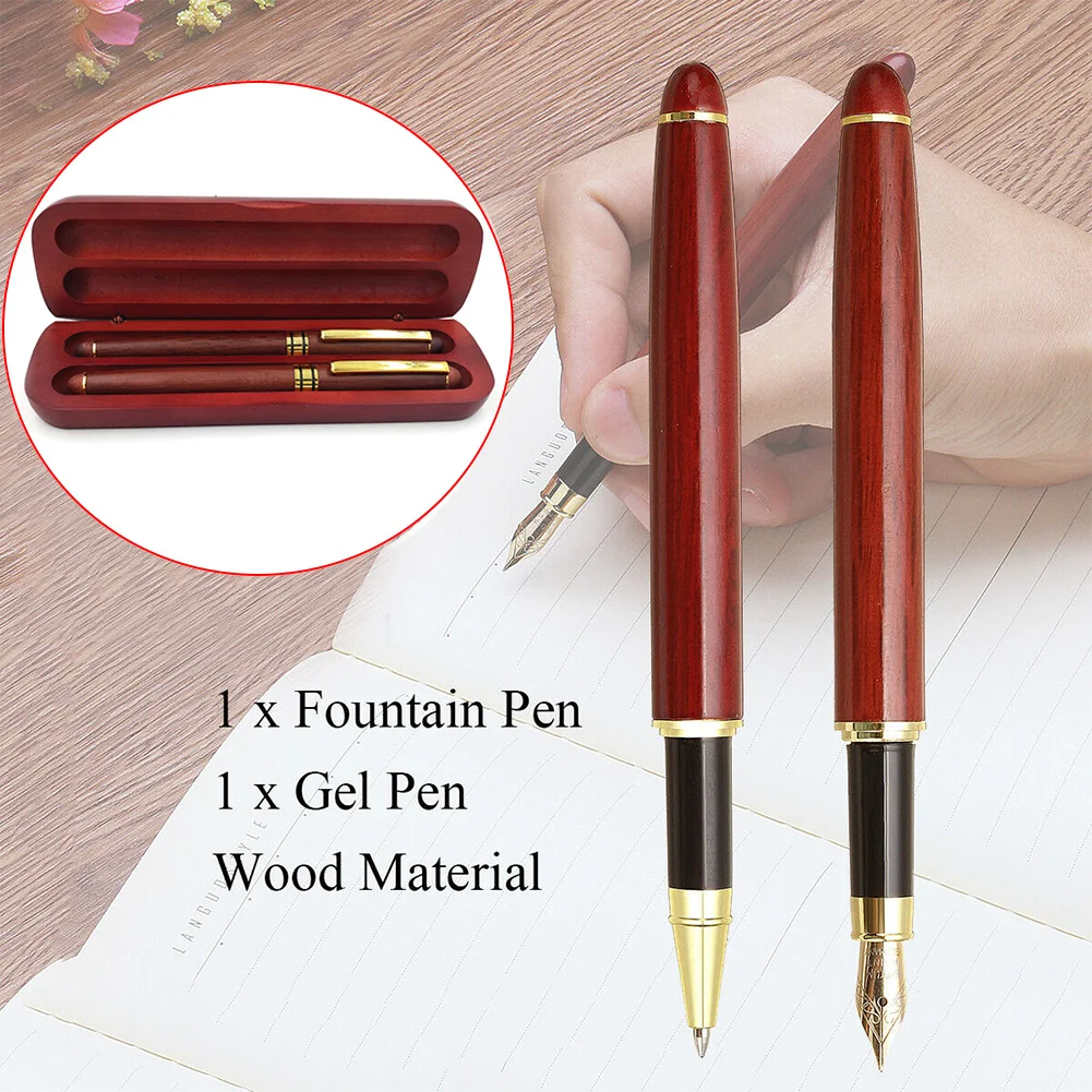 

2pcs Practice Device Office Home Fountain Pen Set School Medium Nib Study Supplies Business Gift With Wood Box Portable Vintage
