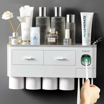 

Toothbrush Holder Automatic Toothpaste Dispenser With Cup Wall Mount Toiletries Storage Rack Bathroom Accessories Set