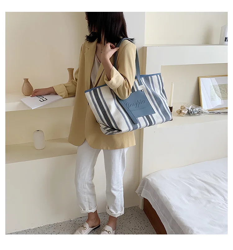 Black White Blue Stripe Handbag 2019 Extra Large Canvas Tote Bags for Women Canvas Bucket Shopper Shoulder Bag Ladies Office Bag (25)