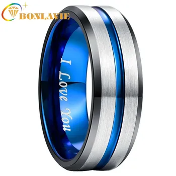

BONLAVIE 8mm Width Tungsten Men's Ring Black Electroplated Inner Ring Bevel + Blue Groove / Steel Frosted Tungsten Steel Ring