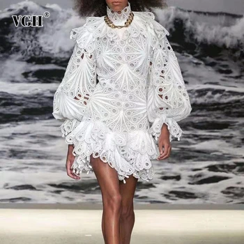 

VGH Hollow Out Dress For Women Turtleneck Flare Sleeve Patchwork Ruffle Mini Dresses Female 2020 Spring Fashion New Clothing