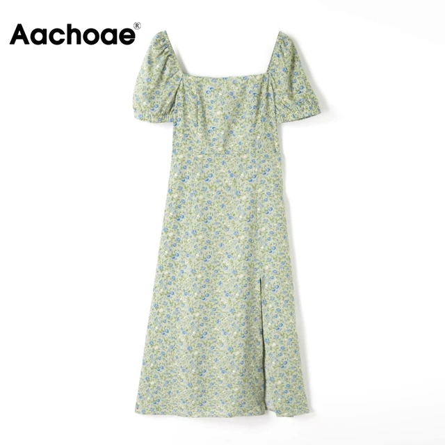 Aachoae Chic Floral Print Split Dress Women Elegant A Line Vintage Dress Summer 2021 Short Sleeve Square Collar Elegant Dresses 1