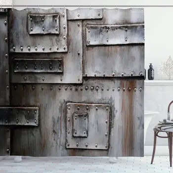 

Industrial Shower Curtain, Grunge Wall Old Style Entrance Closed Factory Gate Security Protection Theme, Cloth Fabric Bathroom