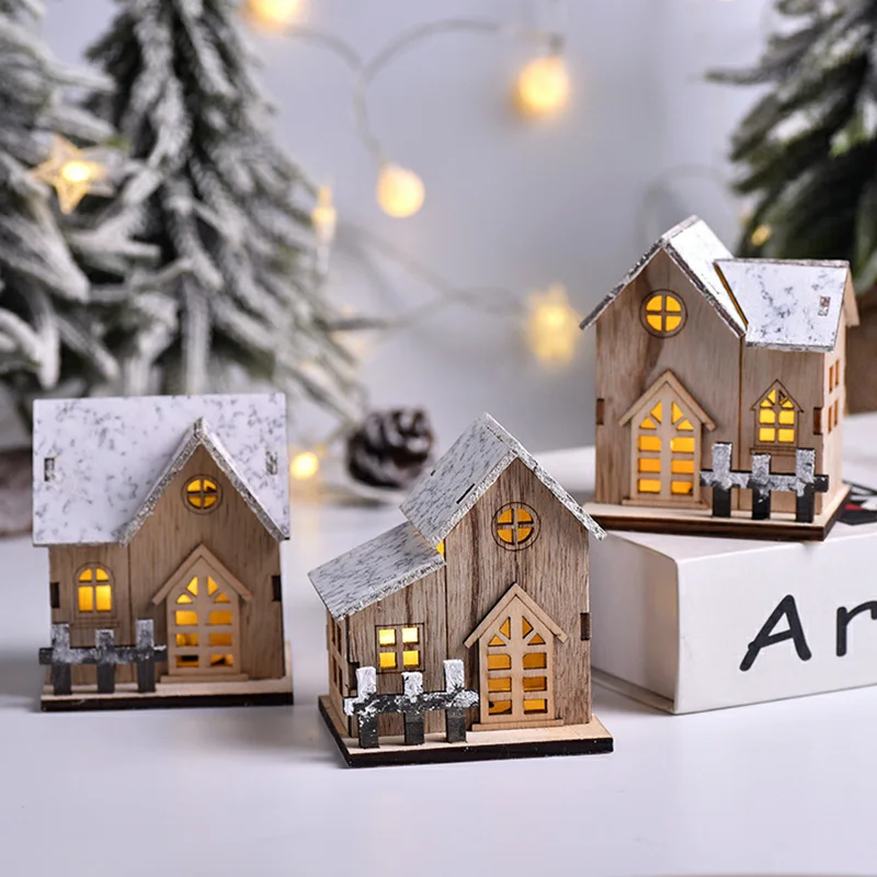 Christmas Decorations Christmas LED Light Wooden House Luminous Cabin Merry Christmas Decorations for Home DIY Xmas Tree Ornaments Kids Gift New Year